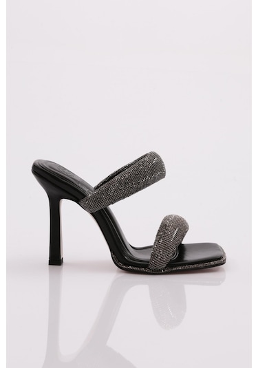 Dgn 2027 Kadin Kalin Silver Taş Bantli Topuklu Terlik 2027-2219-R1534 Siyah