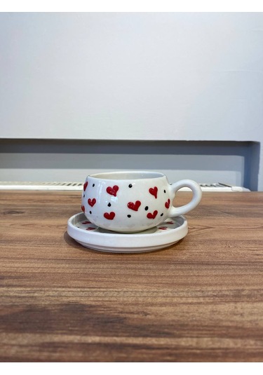 Kalp Desenli El Yapımı Seramik Fincan, Kupa Seti Ve Şekerlik