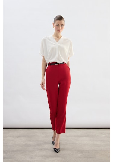 Sateen Kemerli Pantolon - Kırmızı-136700 Kırmızı