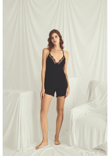 Monamise 19317 Kadın İp Askılı Şortlu Pijama Takım-siyah Siyah