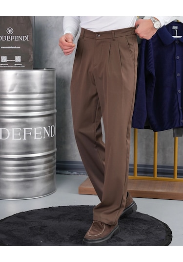 Modefendi Baggy Kesim Pile Detaylı Kumaş Pantolon Kahverengi
