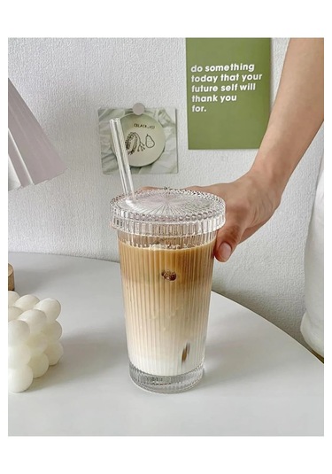 400 Ml Cam Kapaklı Ve Cam Pipetli Şeffaf Bardak Isıya Dayanıklı, Şık Ve Çok Fonksiyonlu Tasarım Cam - Şeffaf