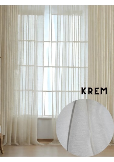 Keten Tül Çuval Desen Görünümlü 1/3 Sık Boru Pileli Krem