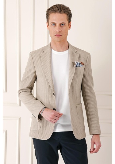 Comfort Fit Torba Cep Şeritli Dokuma Pamuk Casual Taş Ceket C 670 Taş