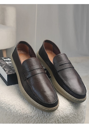 Muggo Harnaz Bağcıksız Hakiki Deri Erkek Günlük Casual Ayakkabı Kahverengi