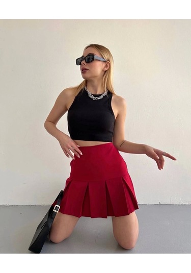 Altı Geniş Pileli Etek Bordo S24729 Bordo