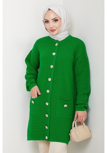 Lezgi Düğmeli Triko Hırka 1599 - Yeşil Yeşil