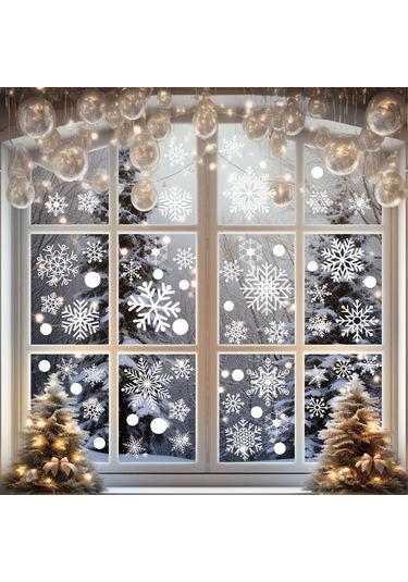 Geeksen Kış Pencere Dekoru: Kar Tanesi Şekilli Noel Açıkçası - Ev Dekorasyonu, Kolay Yapıştır, Kar Manzarası Beyaz