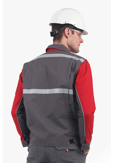 3 Cm Reflektörlü Çok Cepli Mont Gri - Kırmızı