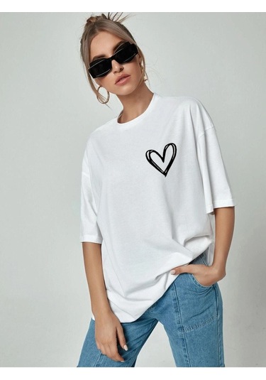 Minimal Kalp T-shirt - Beyaz Baskılı Oversize Bisiklet Yaka Kısa Kol Tişört Beyaz