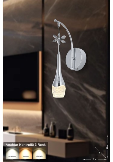 Lale Power Ledli Modern Lüks Duvar Aplik 3 Renk Sarı-beyaz-gün İşığı - Krom Krom