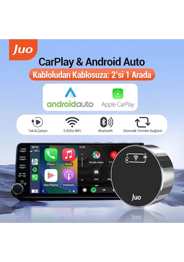 Juo Kablosuz Carplay Android Auto Kabloludan Kablosuza Çevirici Usb Ve Type-c Adaptör