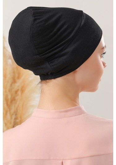 Kadın Tesettür Pratik Hazır Geçme Bone Geçmeli Bone Siyah Siyah-siyah Siyah