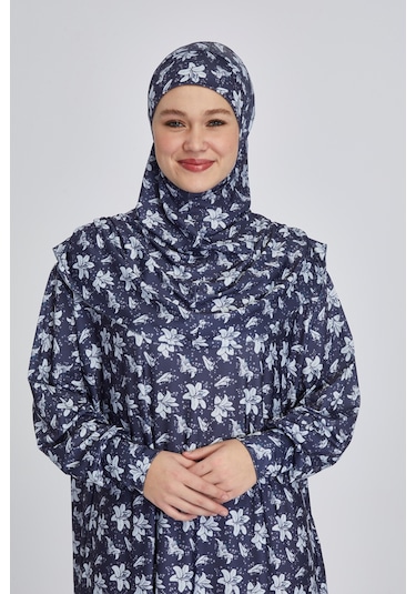 Pratik Tek Parça Manolya Desenli Namaz Elbisesi Lacivert