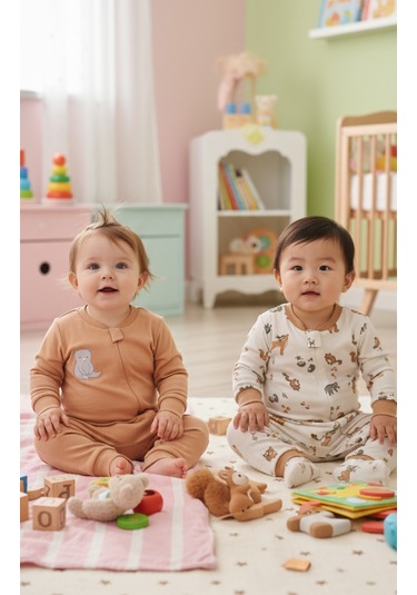 Baskılı 2'li Erkek Bebek Tulum Seti 3-24 Ay Kd53128 Kahverengi