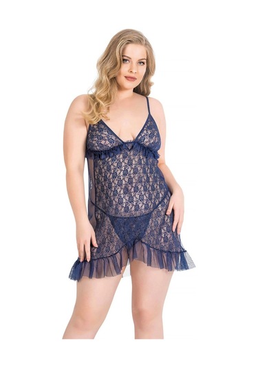 Arias Closet Büyük Beden Lacivert Kısa Tül Gecelik Lacivert