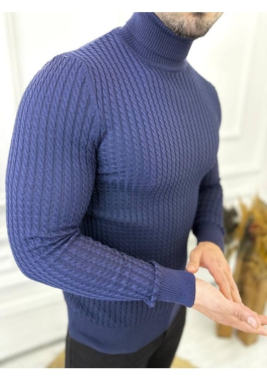 Kazak Slim Fit Tüylenmez Naturel Pamuk Triko Boğazlı Balıkçı Yaka Kazak Lacivert