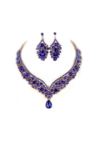 Mavi 1 Takım Gelin Küpe Kolye Su Damlası Şeklinde Rhinestones Takı Geometrik Ayarlanabilir Takı Seti Düğün İçin Mavi