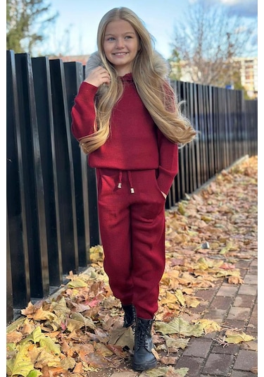 Riccotarz Kız Çocuk Yakası Çıkarılabilir Kürklü Kazak Çift Cepli Triko Bordo Alt Üst Takım Bordo