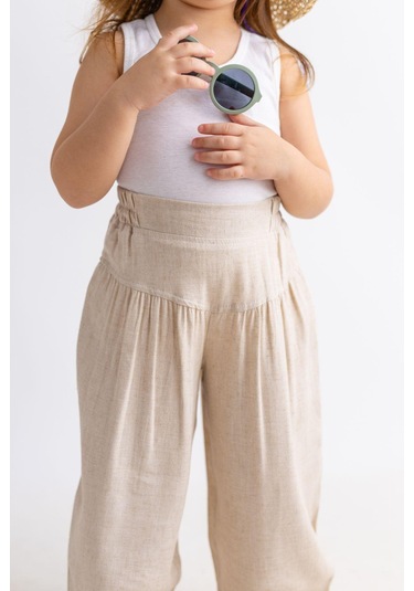 Oliventhekid Korsajlı Büzgülü Keten Kız Çocuk Pantolon Bej Bej