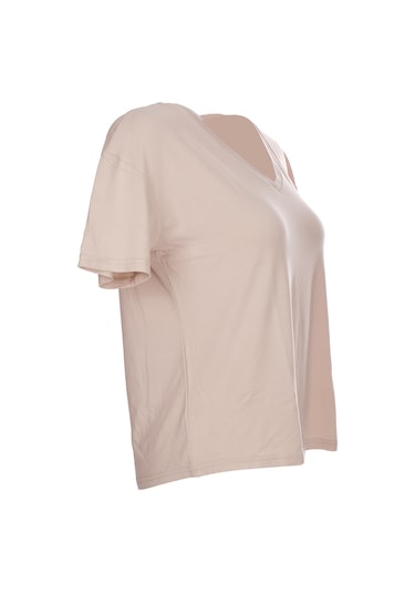 Ysatis V Yaka Oversize Minimalist Kadın Bluz - Kısa Kol - Günlük Bej