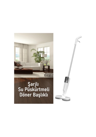 Valkyrie Şarjlı Su Püskürtmeli Elektrikli Mop Çift Döner Başlık, Mikrofiber Ped, 2000 Mah, Tüm Zeminlerde Etkili Beyaz