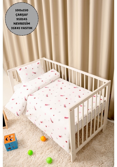 Bebek Nevresim Takımı Fermuarlı 95x145 CM Pembe Yıldız