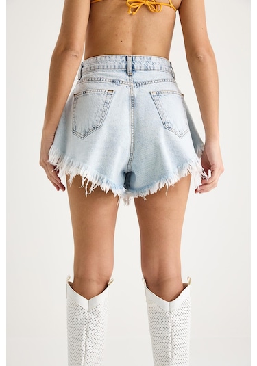 Shade Kadın Püsküllü Yüksek Bel Denim Şort 8026 60283268 - Buz Mavisi