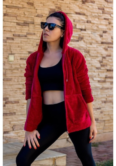 Kadın Kırmızı Peluş Yumoş Fermuarlı Kapüşonlu Cepli Welsoft Ceket 22kckteres 001