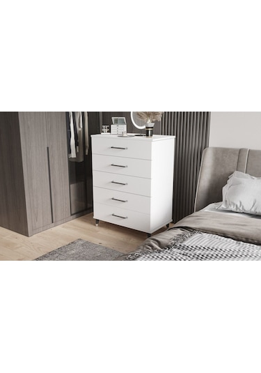 Şifonyer Beş Çekmeceli Aynalı Parlak Beyaz Beyaz