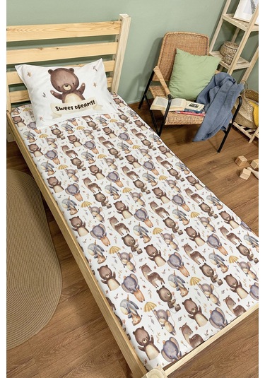 Organik Tek Kişilik Lastikli Çarşaf Seti - Minik Dostum Ayıcık Renkli