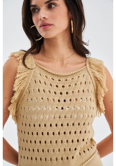 Peraluna Mıyokı Dress %100 Pamuk Diz Hizası Yazlık Kadın Triko El Bej