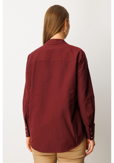 Ekol Kadın Büyük Beden Önü Düğmeli Polo Yaka Gömlek 3549 Bordo Bordo