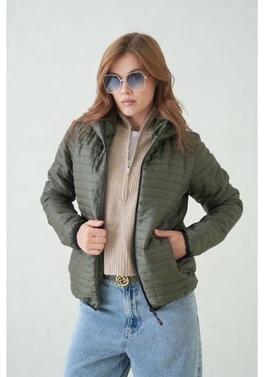 İçi Astarlı Su Ve Rüzgar Geçirmez Cepli Kapüşonlu Kadın Mont Haki
