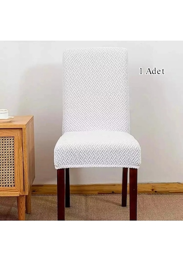 StarMall Tuğla Desen Likrali Jakarlı Kümaş Sandalye Örtüsü, Lastikli, Esnekli Sandalye Kılıfı 1 Adet Beyaz