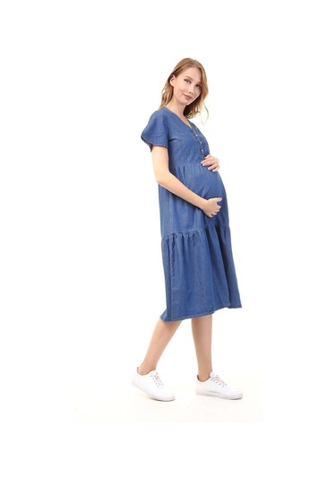 Luvmabelly Myra5025 - Hamile Elbisesi Kot Düğmeli Ve Cepli - Mavi-mavi