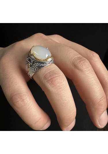 925 Ayar Gümüş Beyaz Akik Taşlı Mineli Erkek Yüzük Gümüş