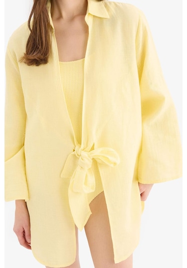 DeFacto Müslin Önden Bağlamalı Plaj Gömleği-Fall in Love B7333AX25SMYL271 Sarı