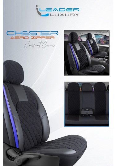 Fiat Egea Sedan Lüx Yarı Deri Oto Koltuk Kılıfı Ön Arka Takım Chester Siyah Mavi