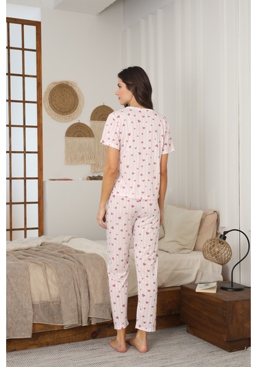 Kadın Yazlık Kısa Kol Penye Süprem Kumaş Pijama Takımı Pembe Kalpli
