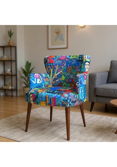 Roma Modern Tekli Koltuk Berjer - Dijital Baskılı Kumaş - Ahşap Ayak - Frida 3 Frida - 3