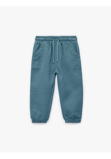 Koton Pamuklu Beli Bağcıklı Müslin Kumaş Basic Jogger Pantolon Mavi 6smb40023tw Mavi