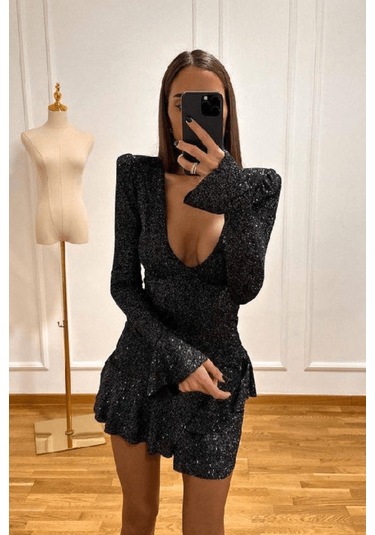 Kadın Uzun Kollu Derin Göğüs Dekolteli Simli Fukuro Kumaş Vatkanve Volan Detay Mini Elbise L