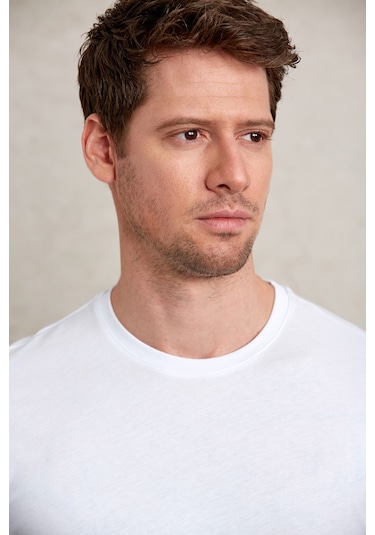 Hatemoğlu Regular Fit Pamuk Bisiklet Yaka Baskılı Jersey Erkek Tişört Beyaz