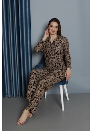 Gömlek Yaka Süet Dokulu Kadın Alt Üst Pijama Takımı Koyu Leopar Kahverengi