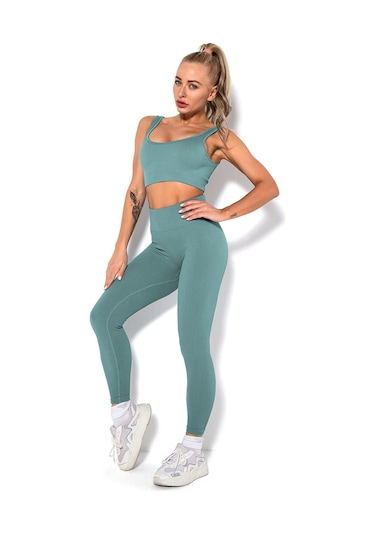 Konesam Kadınlar İçin Elastik Nihai Konforlü Spor Seti - Akıllı Ter Emici Triko, Yoga Ve Fitness İçin Dik Yaka Büstiyer + Tayt L, Mavi Gri SiYAH