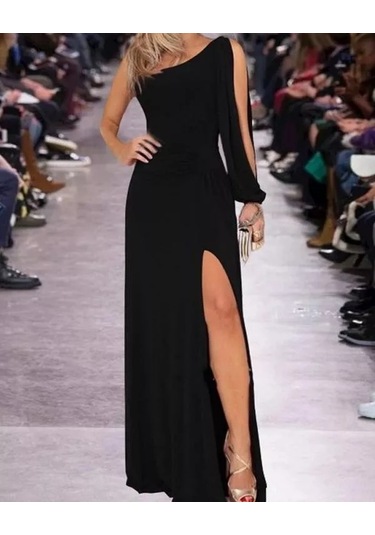 Tek Omuz Açık Derin Yırtmaçlı Krep Tam Boy Elbise Bediva 001