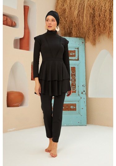 Full Likralı Tam Kapalı Tesettür Mayo Deniz Mayosu Fırfır Detaylı Lt23-01 Siyah Siyah