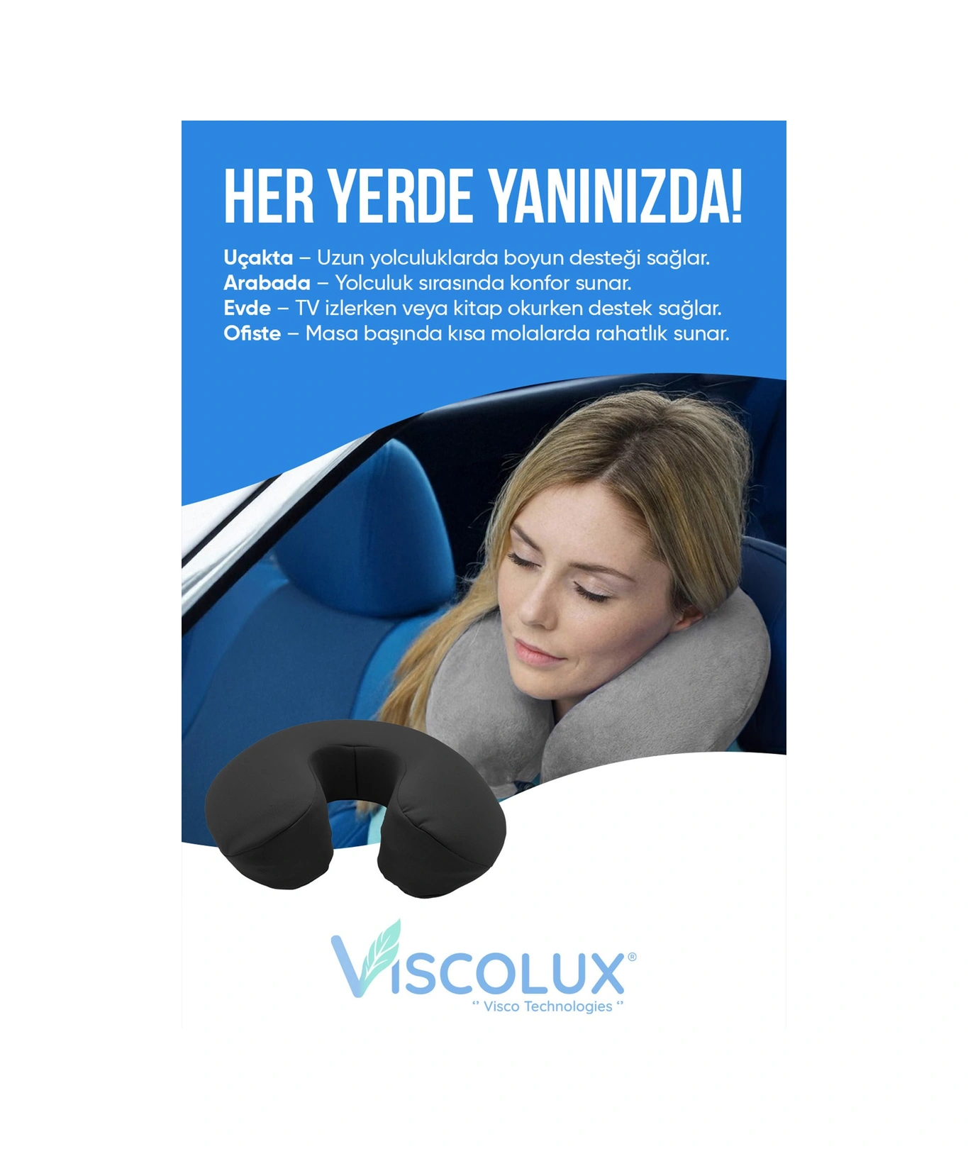 Ortopedik Visco Seyahat Yastığı - Visco Boyun Destekli Yastık 30x30x12 Siyah