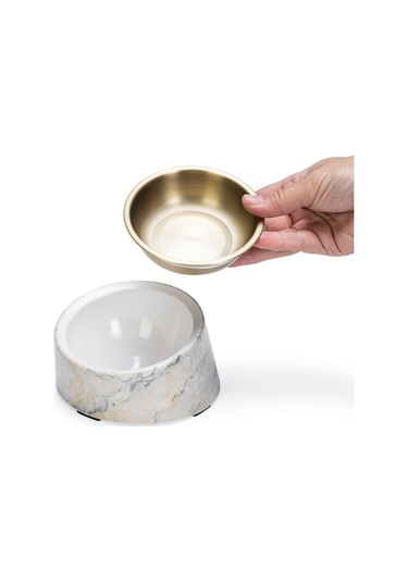 Beeztees Dbl Kedi Mama Su Kabı, Paslanmaz Çelik, Bej Mermer Görünümlü, 14,5x3,3x7,6cm, 160ml